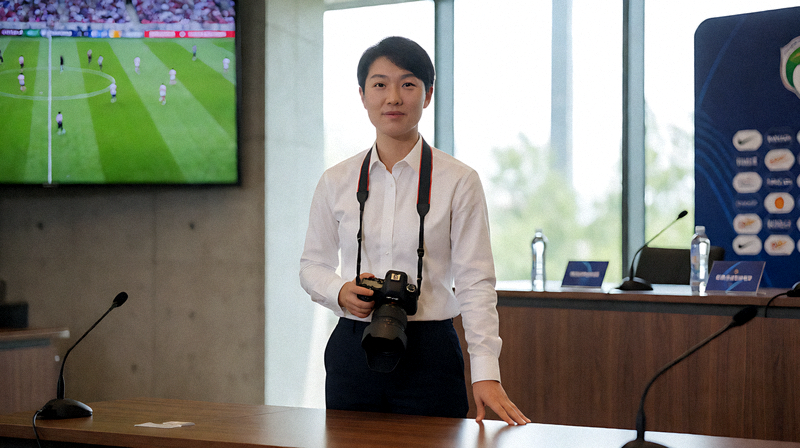 体育新闻发布现场记者拍摄赛事的画面